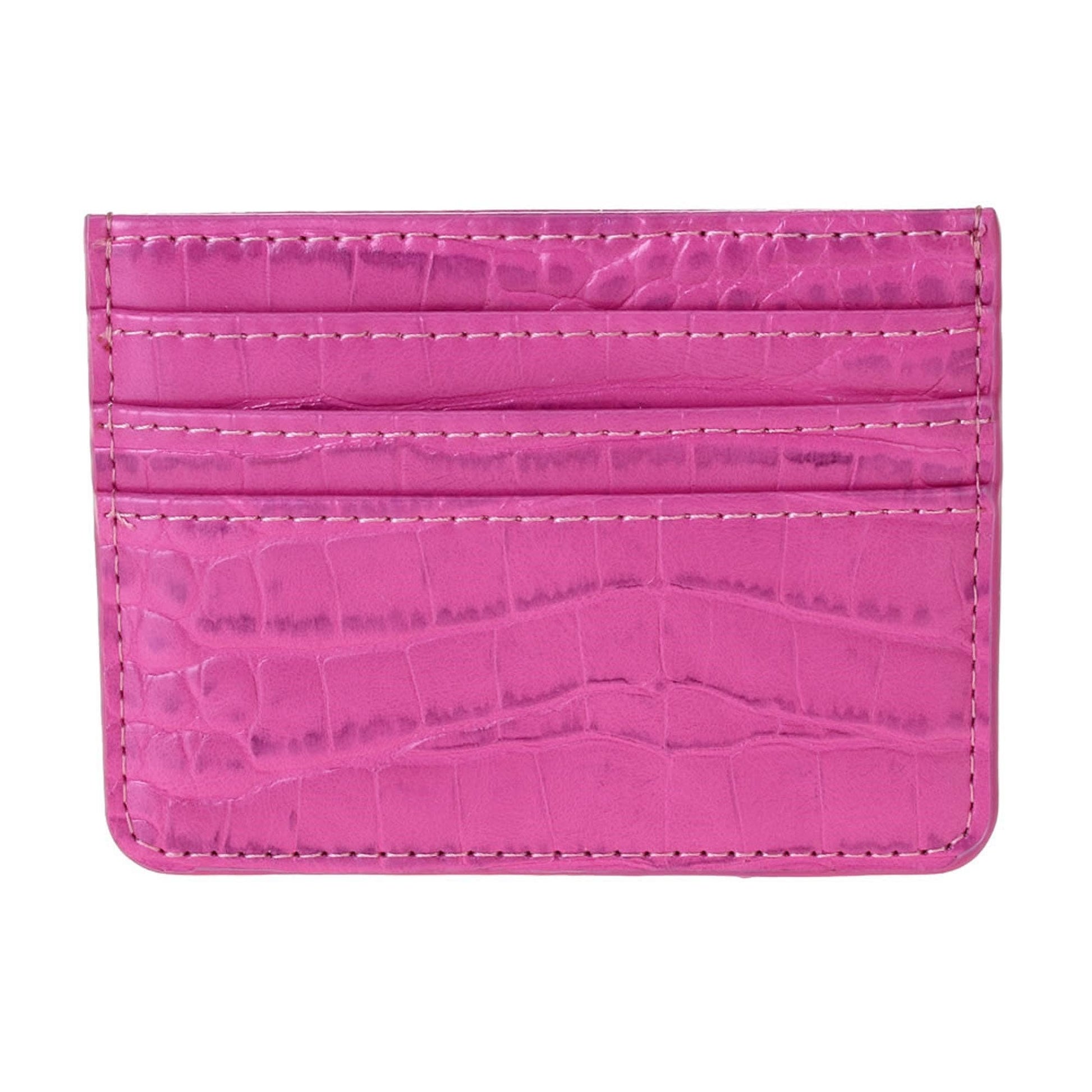 Pink Crocodile embossed slim vegan leather wallet with 4 card slots.