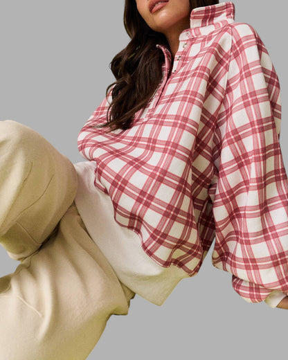 Fireside Plaid Mock Neck Sweatshirt (Red)