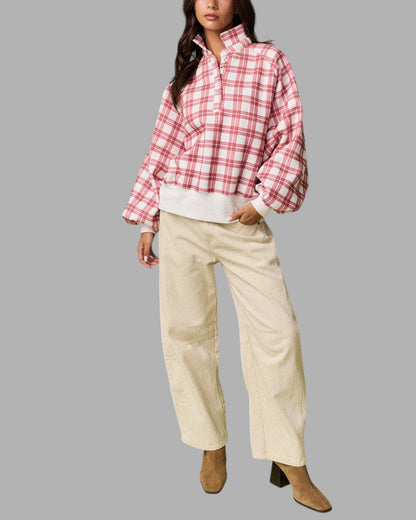 Fireside Plaid Mock Neck Sweatshirt (Red)
