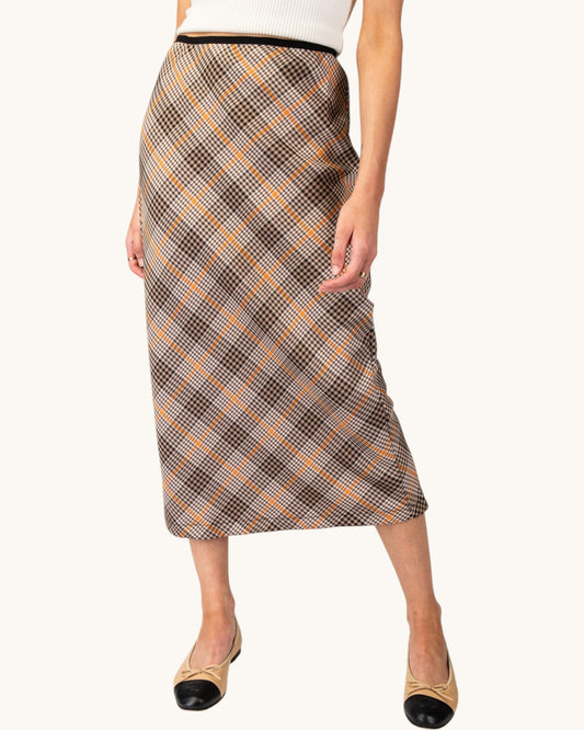 Brown, cream, and orange grid plaid midi pencil skirt front view.