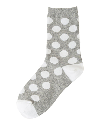 Gray sock with white polka dots on a white background.