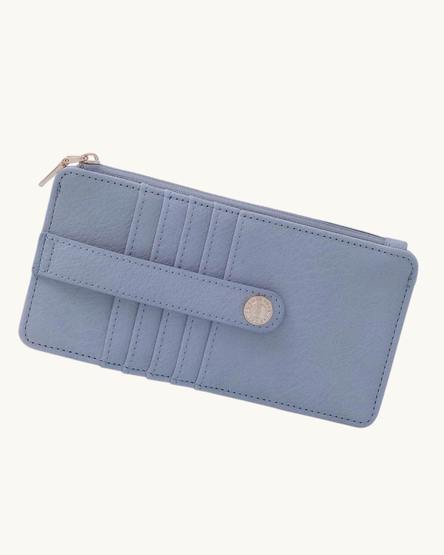 Blue wallet with a zipper on a white background