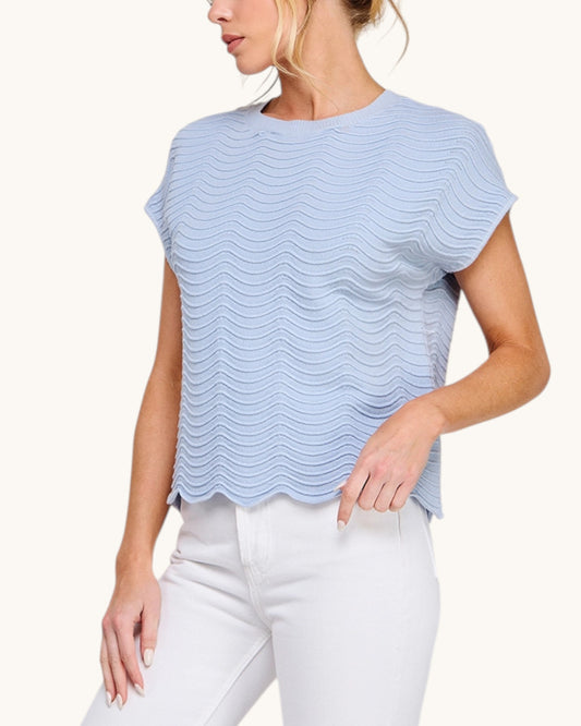 Powder Blue short sleeve top with delicate wave pattern. 