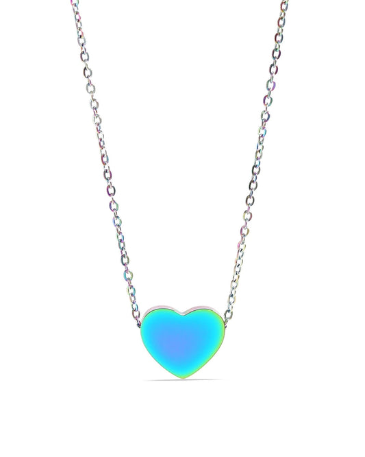 Rainbow stainless steel heart pendant on dainty rainbow chain.