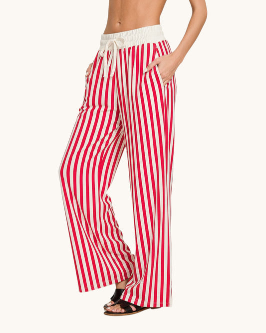 Candy Apple Red & White Stripe Wide Leg Pants