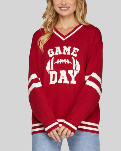 Red Varsity V-Neck Game Day Football Sweater