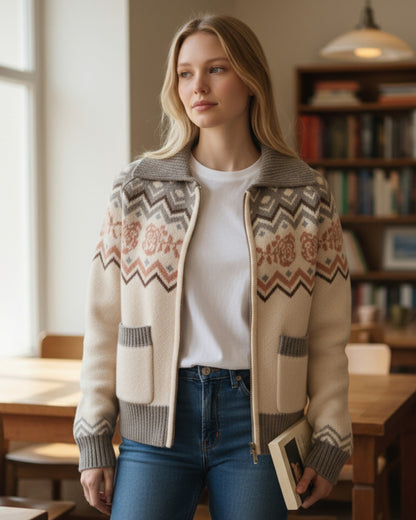 Woman wearing a patterned cardigan in a library setting.