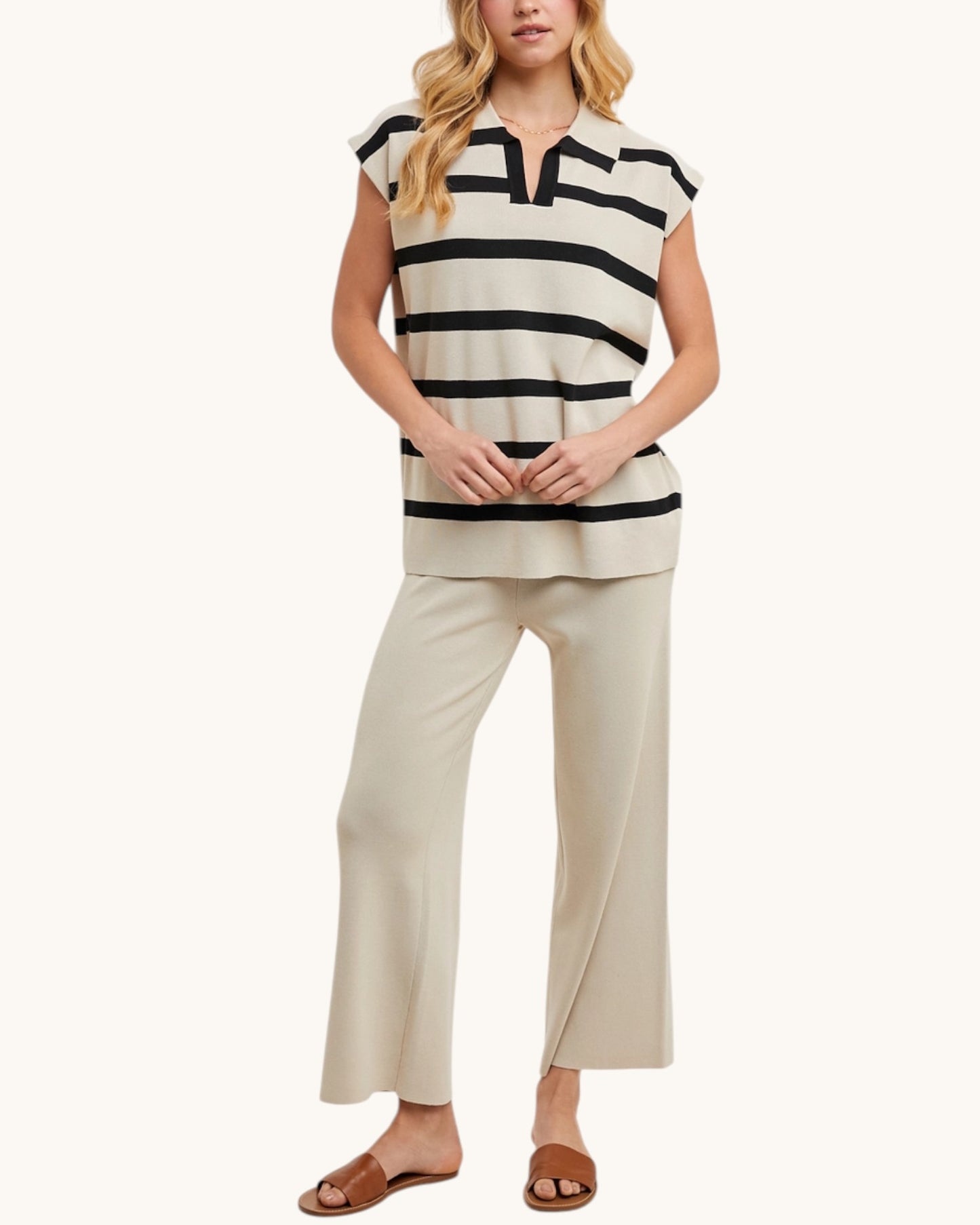 Riviera Beige Striped Polo Top