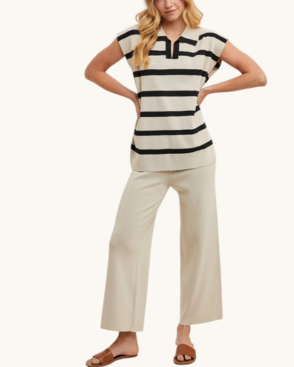 Riviera Beige Striped Polo Top
