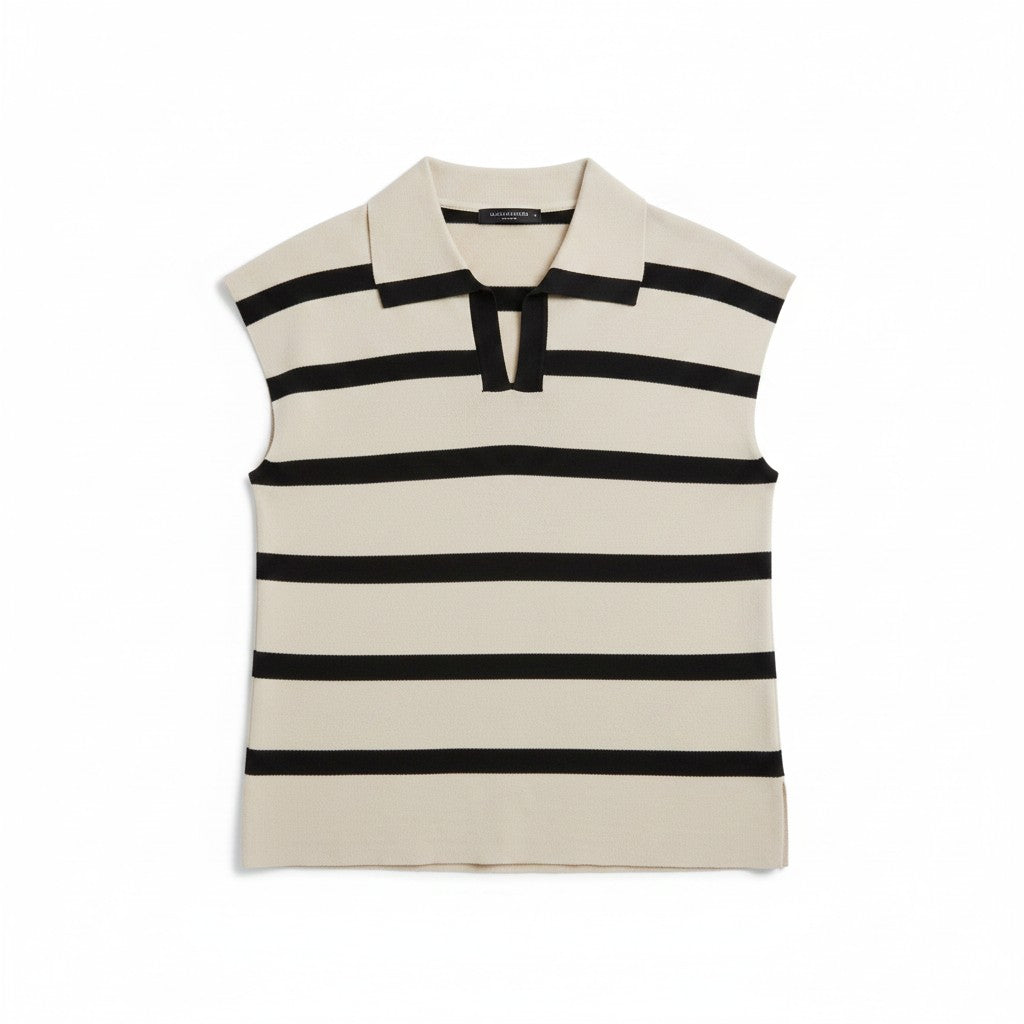 Beige and black striped short sleeve polo shirt on a white background.