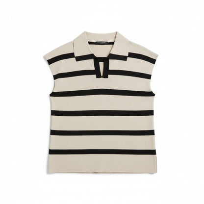 Beige and black striped short sleeve polo shirt on a white background.