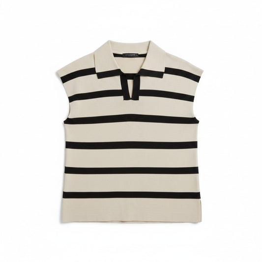 Beige and black striped short sleeve polo shirt on a white background.