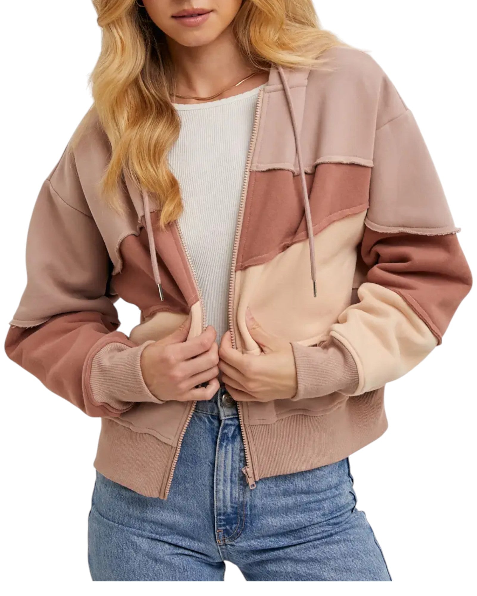 Women's Hoodie Sweatshirt in a patchwork landscape pattern and a blend of neutral tan and rose tones.