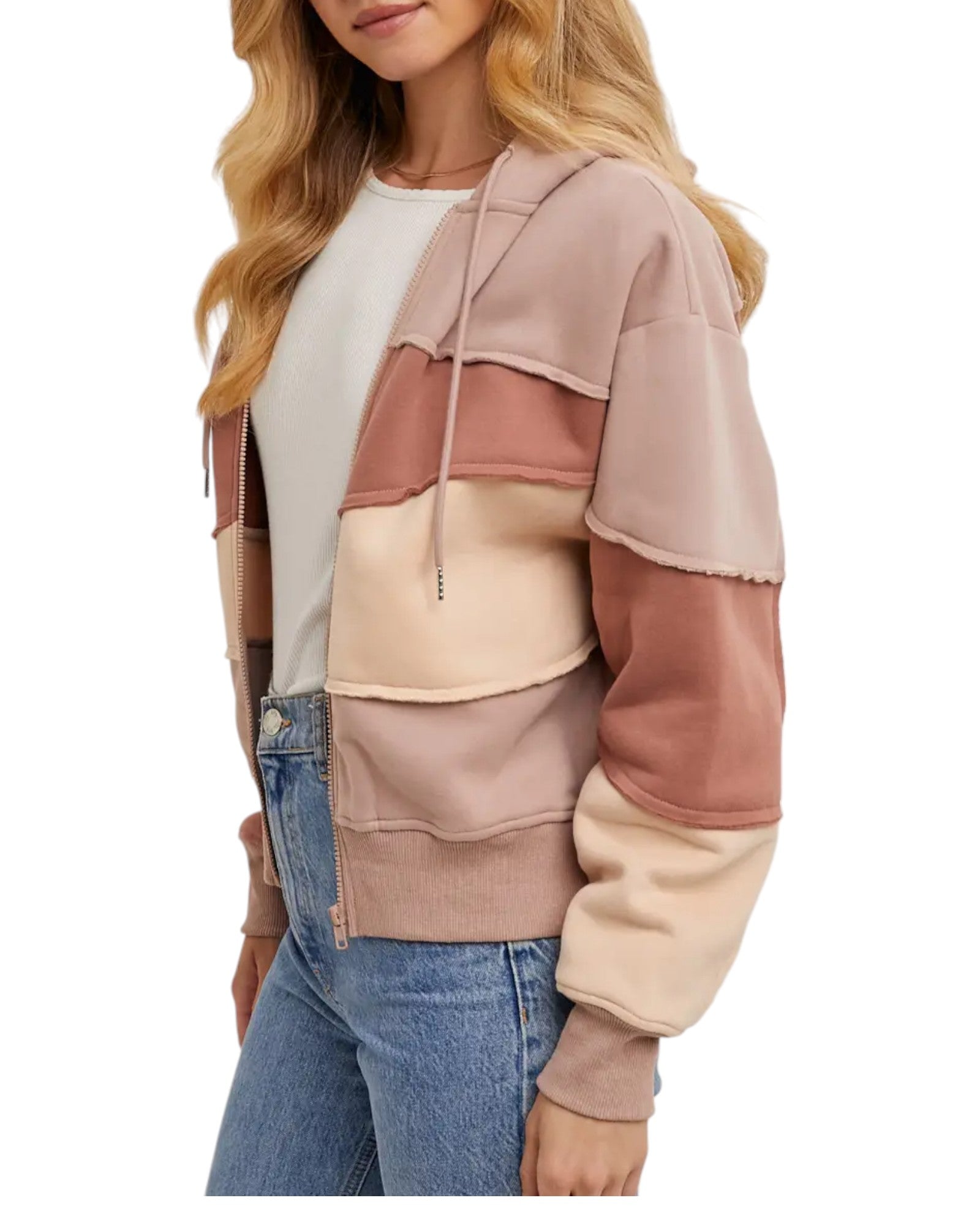 Women's Hoodie Sweatshirt in a patchwork landscape pattern and a blend of neutral tan and rose tones.
