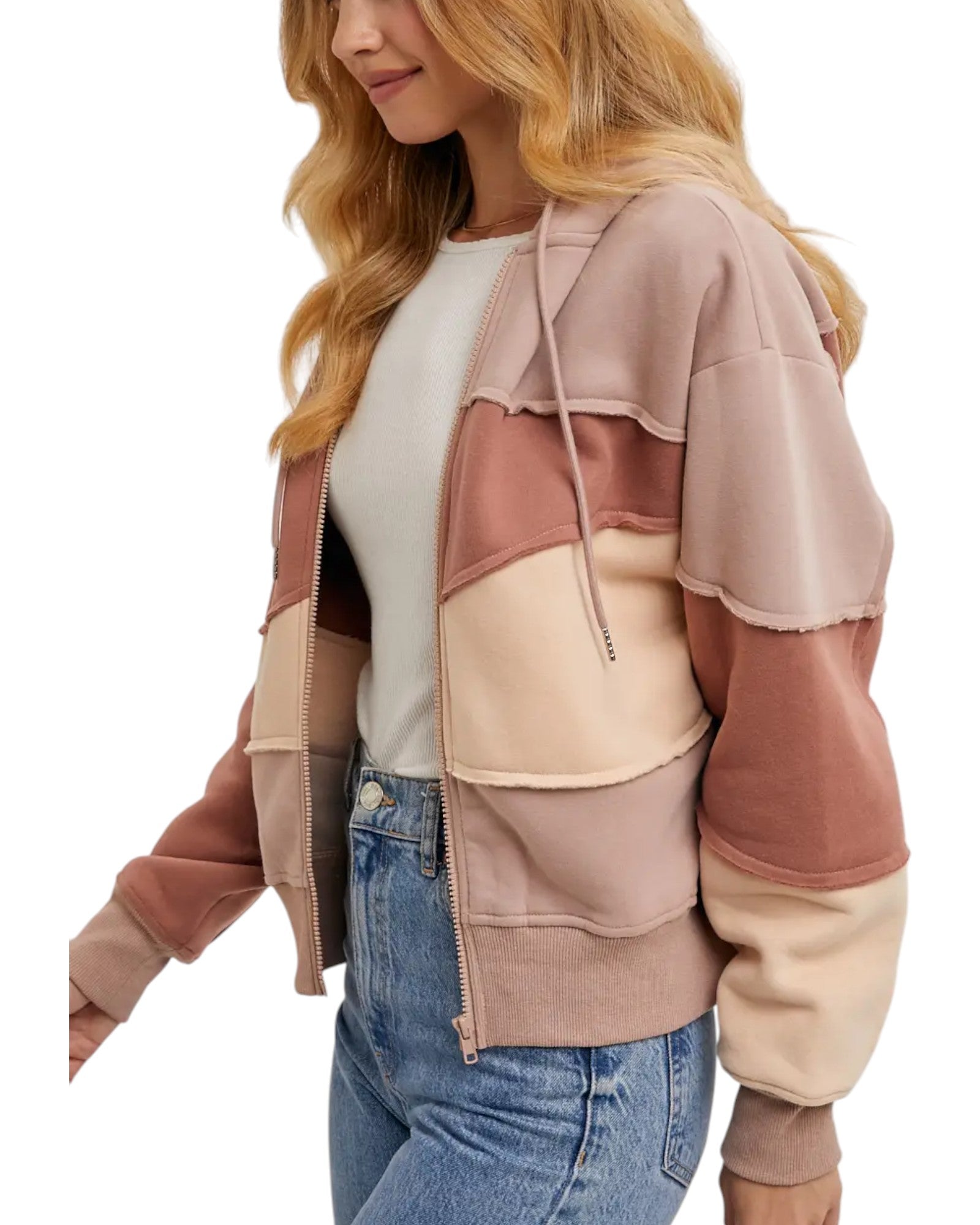 Women's Hoodie Sweatshirt in a patchwork landscape pattern and a blend of neutral tan and rose tones.