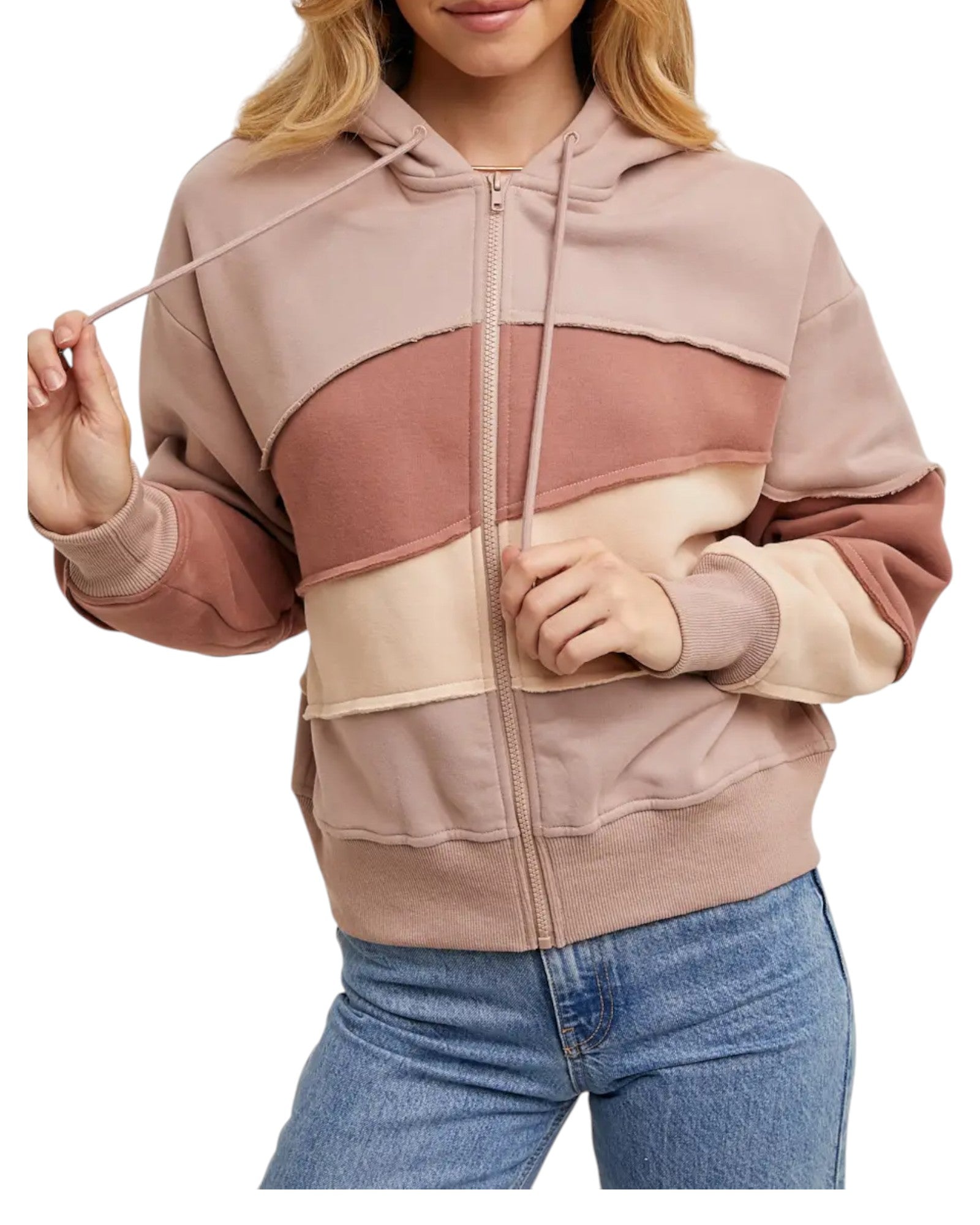 Women's Hoodie Sweatshirt in a patchwork landscape pattern and a blend of neutral tan and rose tones.