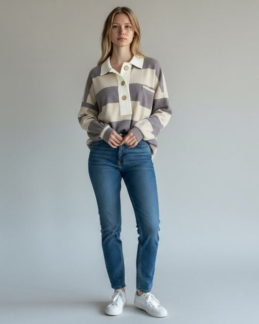 Taupe and charcoal washed rugby stripe top with ivory contrast collar and oversized buttons, relaxed fit.