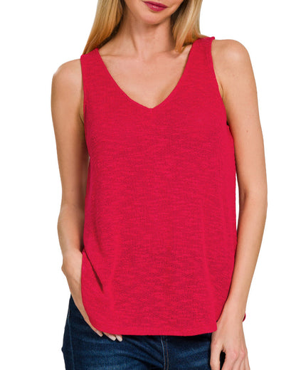 Ruby red V-neck slub knit tank top with relaxed fit and textured finish.