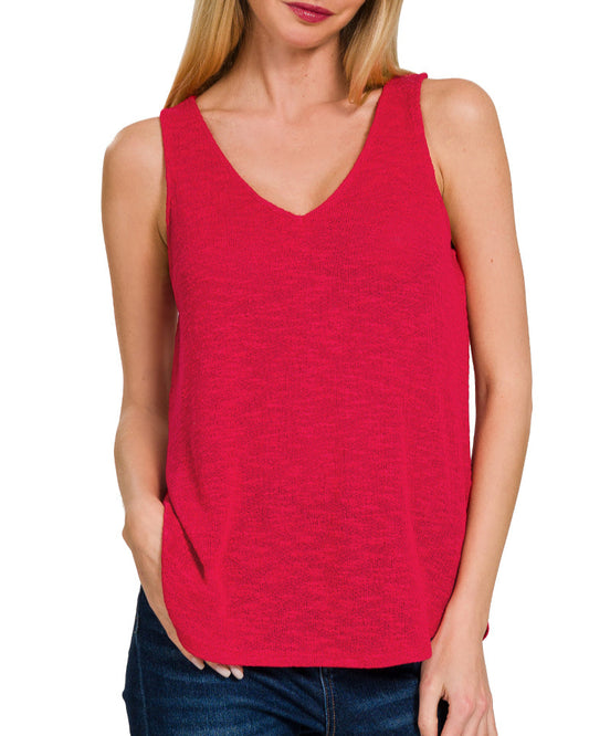Ruby red V-neck slub knit tank top with relaxed fit and textured finish.