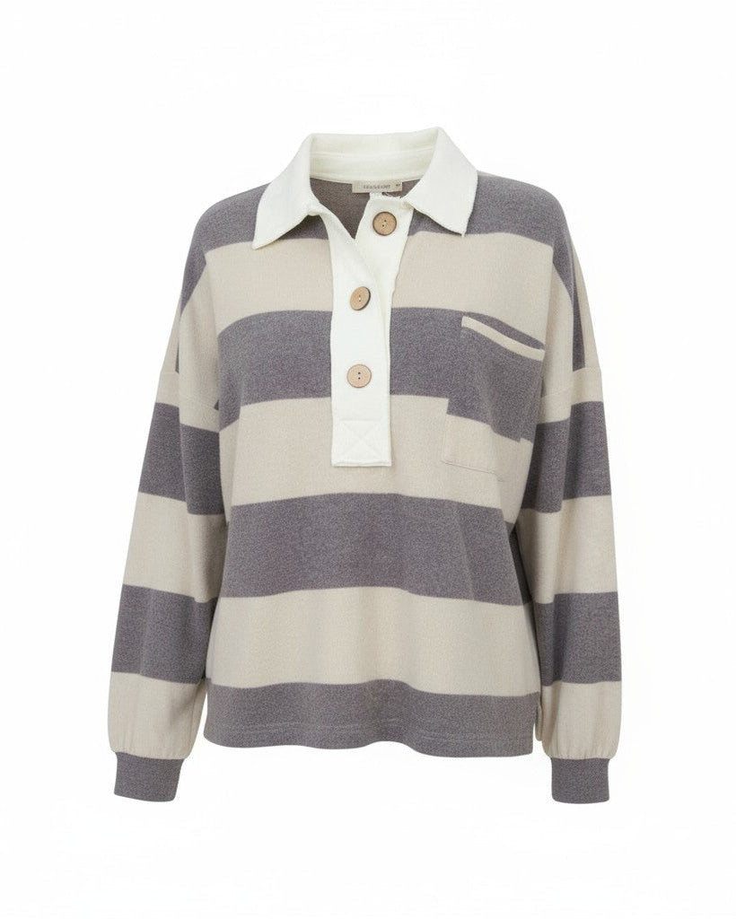 Taupe and charcoal washed rugby stripe top with ivory contrast collar and oversized buttons, relaxed fit.