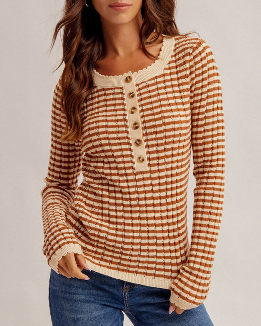 Spiced Pointelle Cotton Henley Top in rust and cream with contrast neckline and button front.