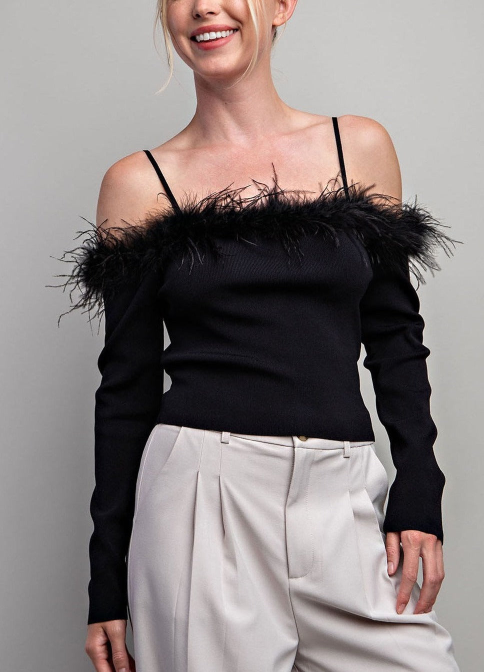 Off the Shoulder Black Feather Top