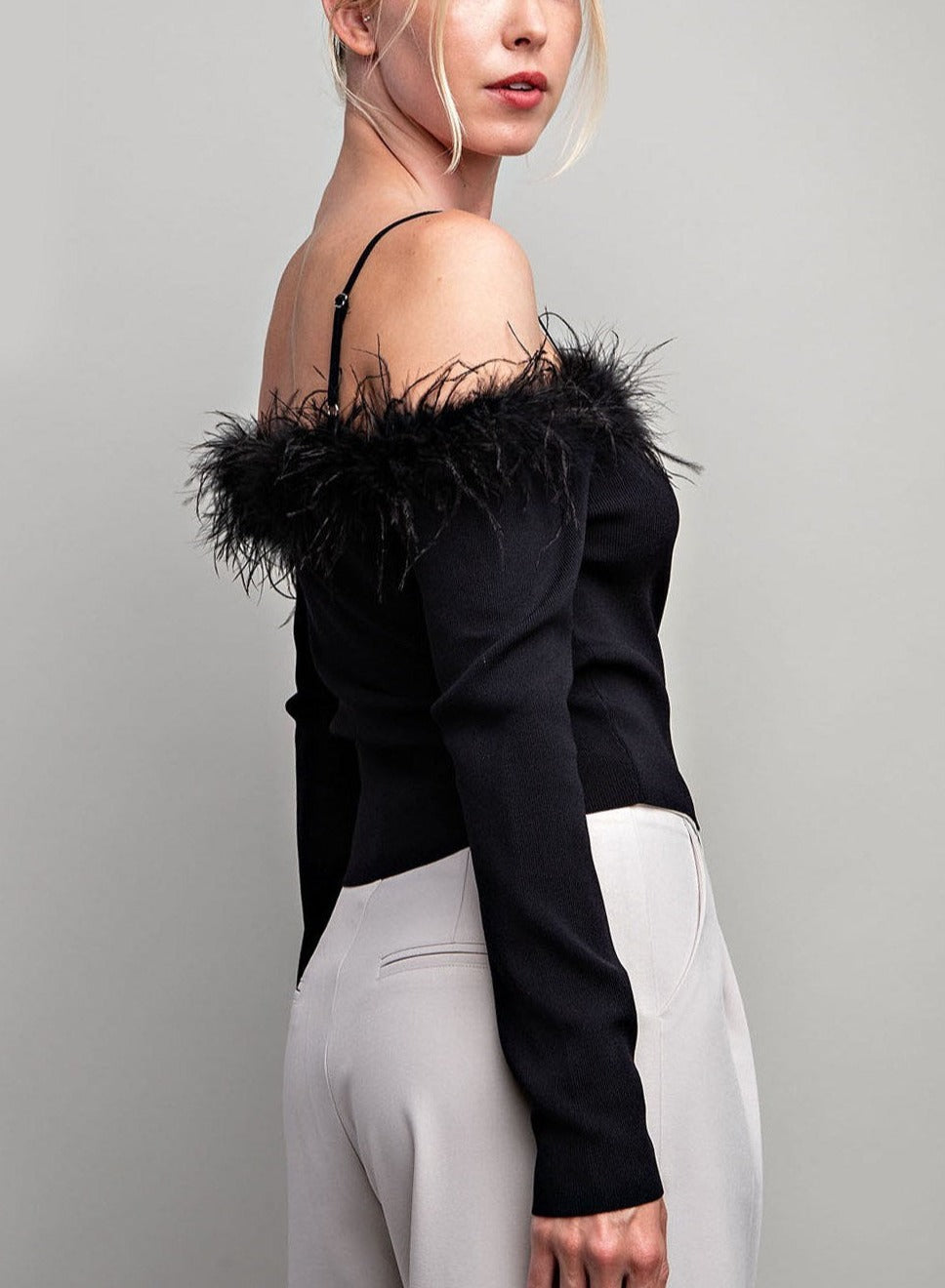Off the Shoulder Black Feather Top