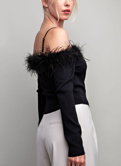 Off the Shoulder Black Feather Top