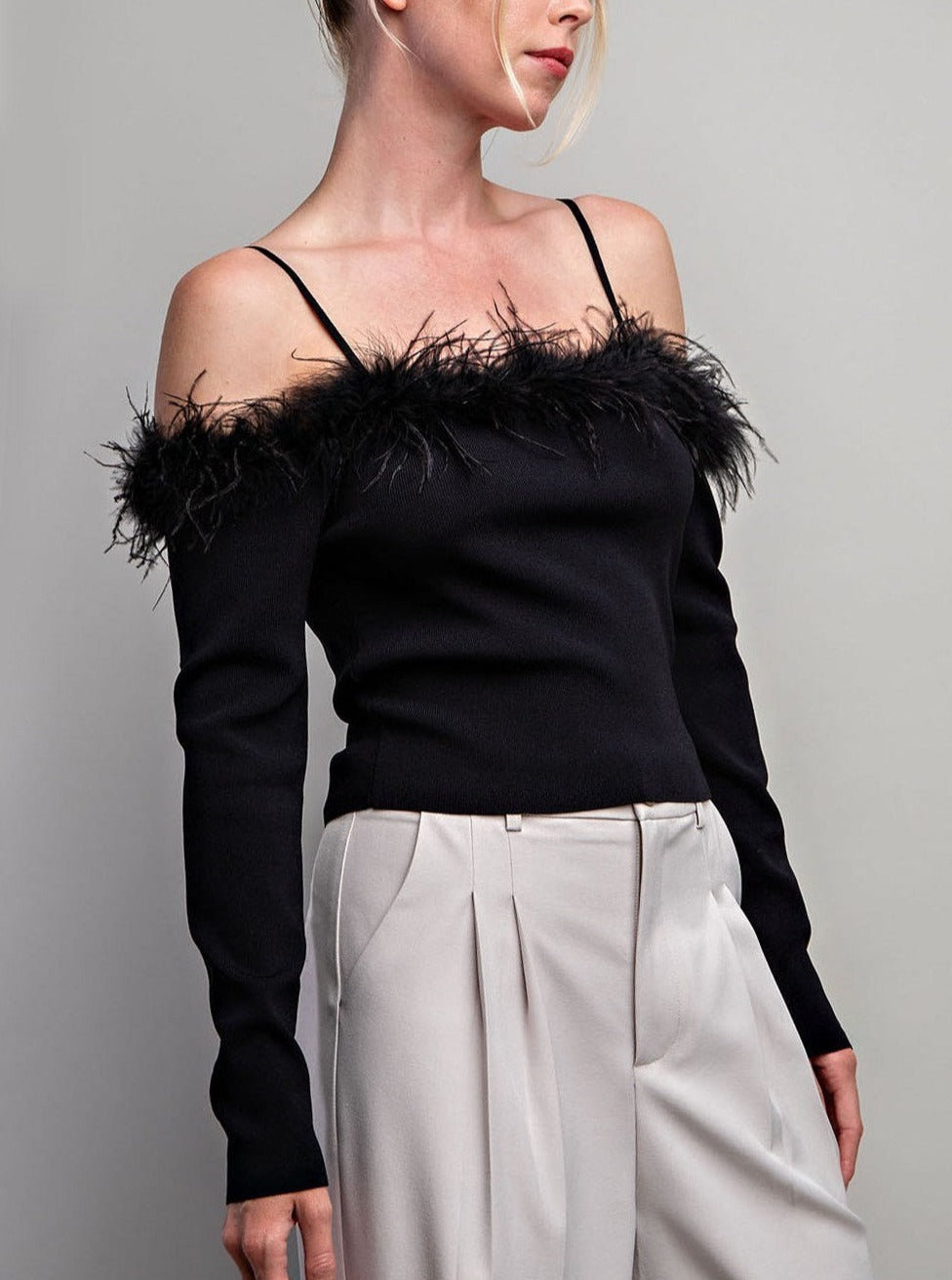 Off the Shoulder Black Feather Top