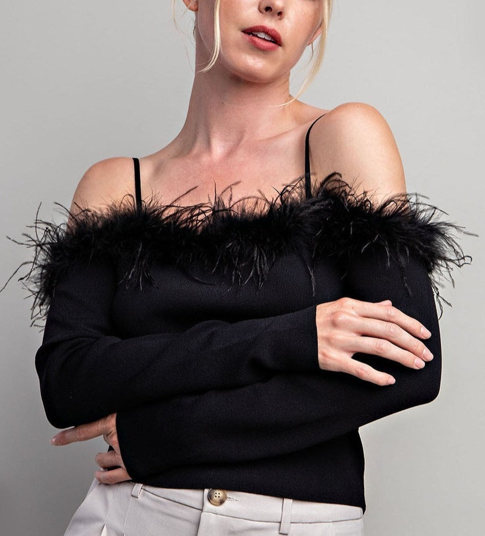 Off the Shoulder Black Feather Top