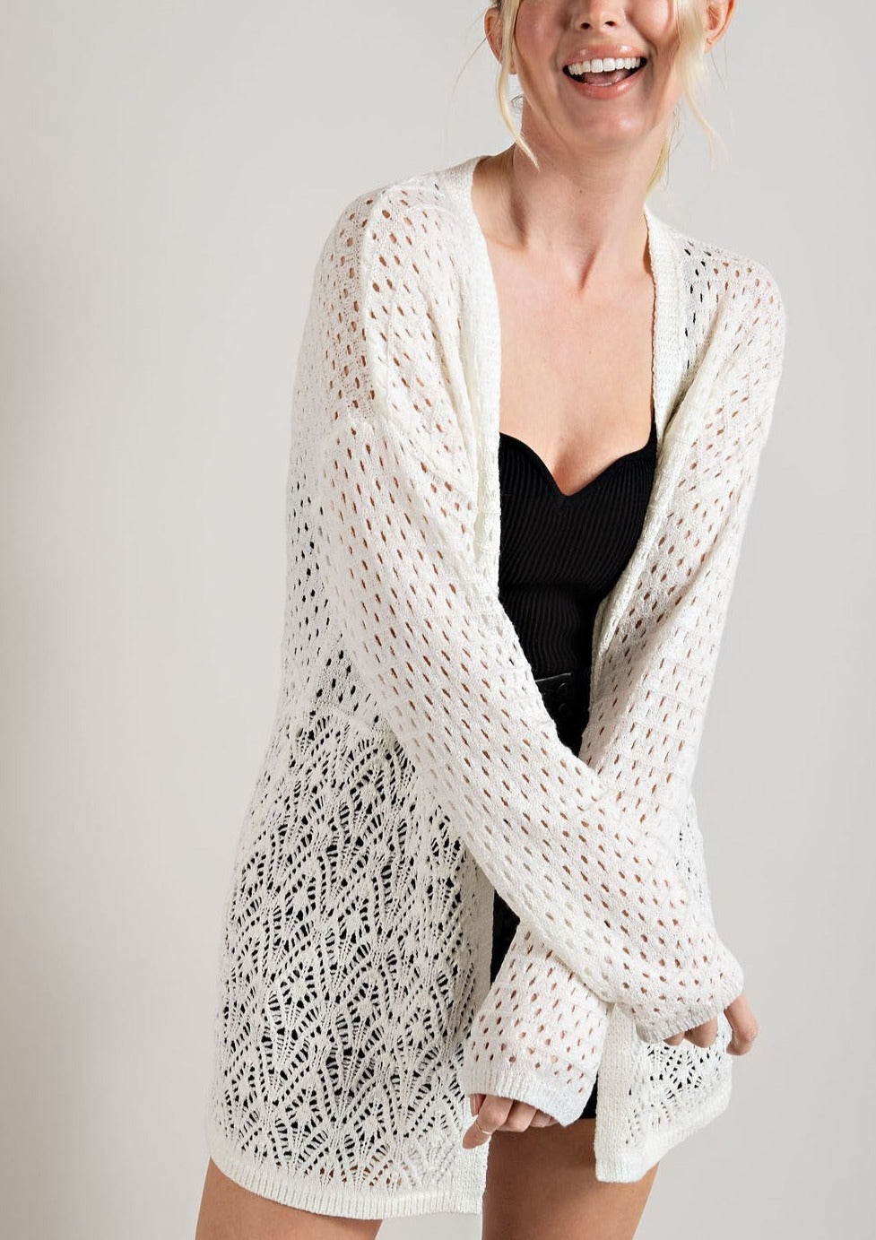Ivory Open-Knit Eyelet Cardigan