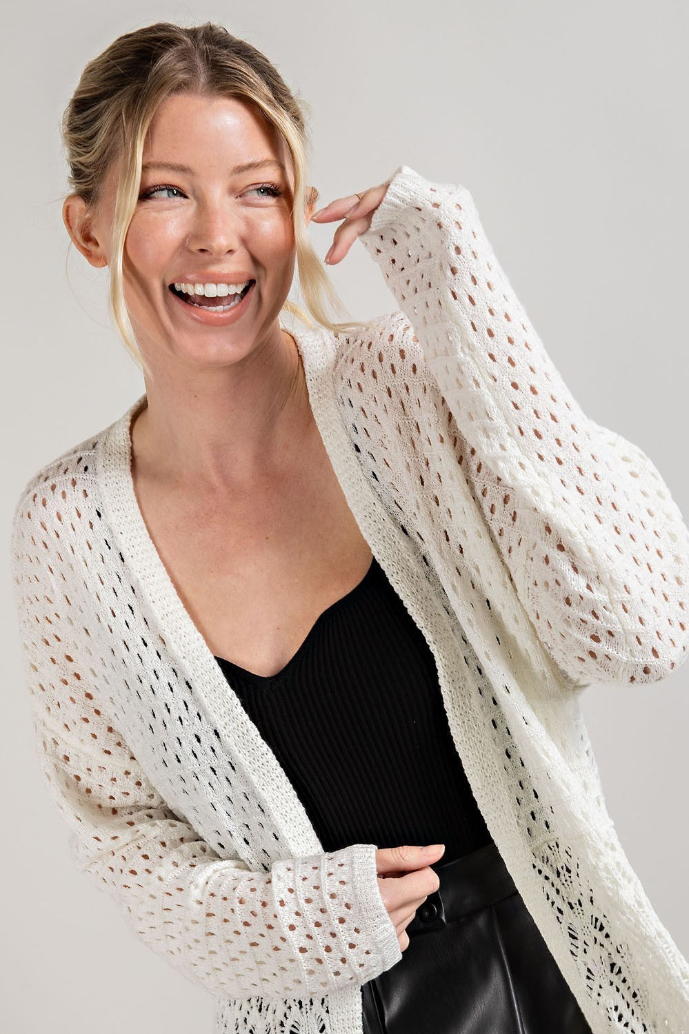 Ivory Open-Knit Eyelet Cardigan