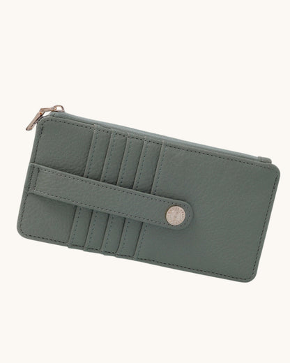 Sage wallet with a strap on a white background.