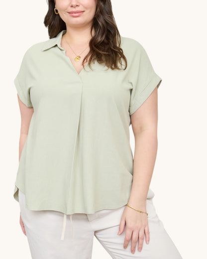 Soft Willow Linen Blend Top, soft sage short sleeve plus size top, front view. 