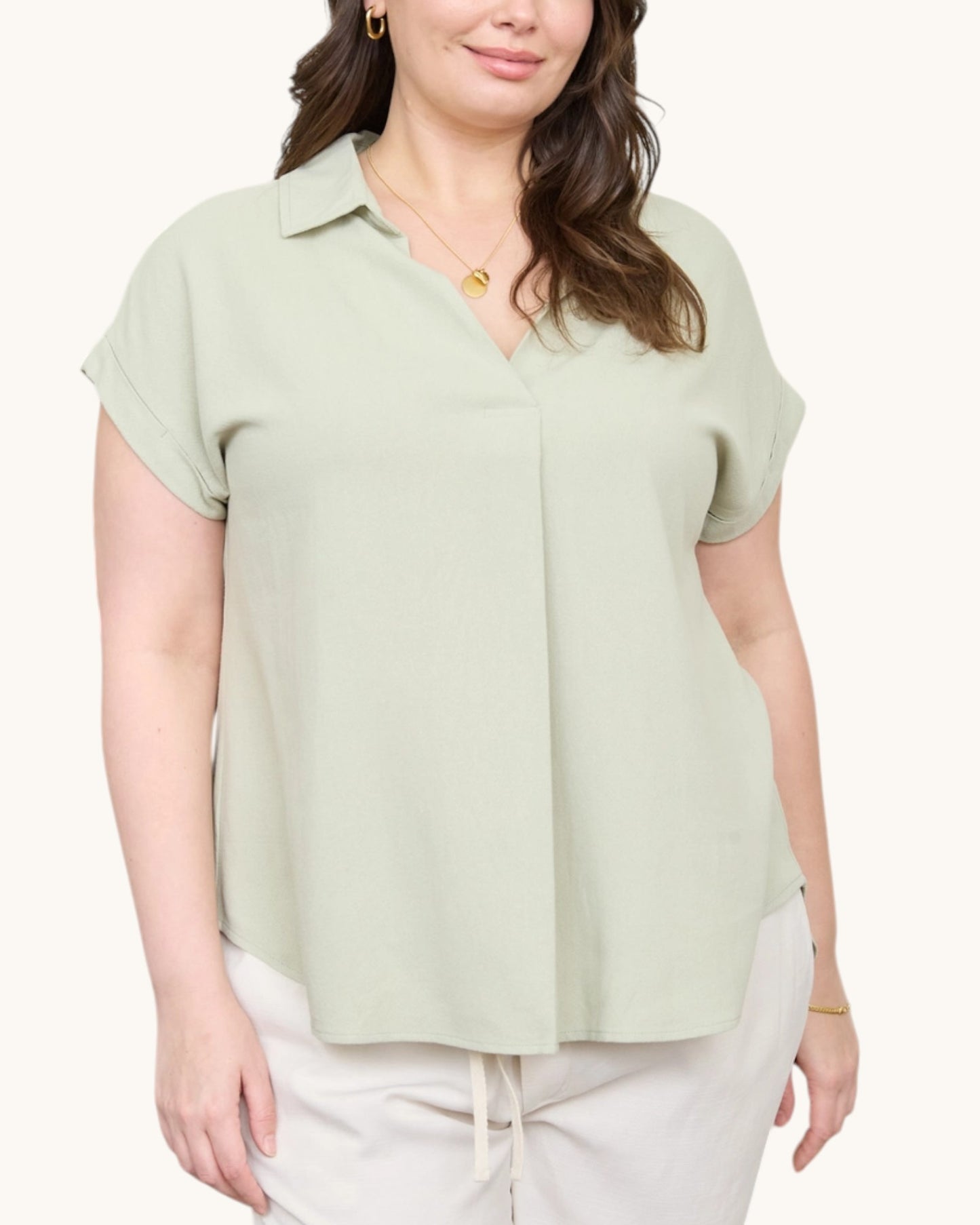 Soft Willow Linen Blend Top, soft sage short sleeve plus size top, front view. 