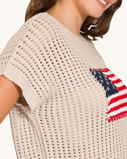 Sand Beige American Flag Open Knit Top