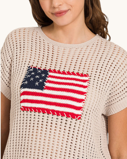 Sand Beige American Flag Open Knit Top