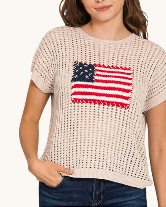 Sand Beige American Flag Open Knit Top