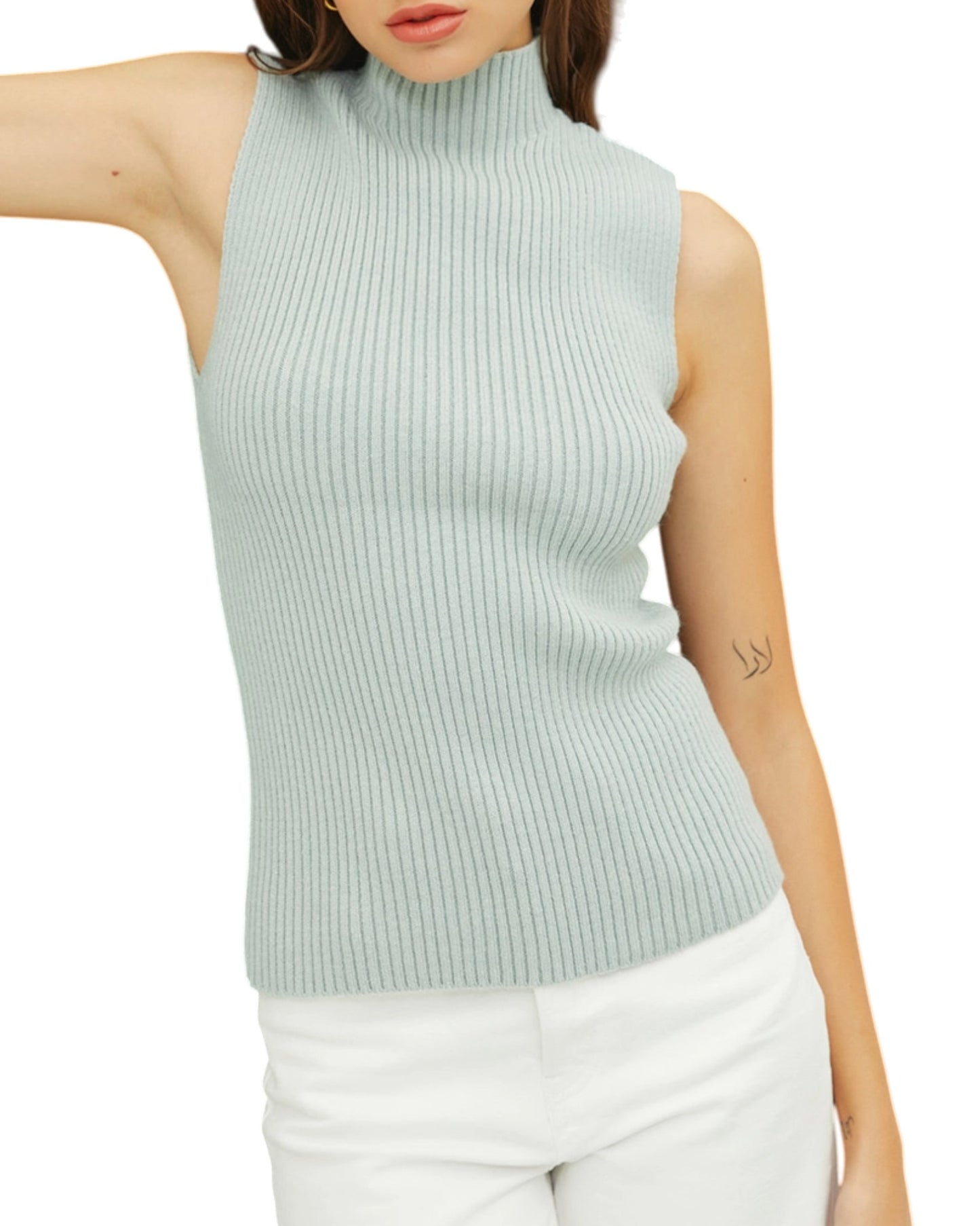 Seafoam ribbed sleeveless sweater worn by a model on a white background.