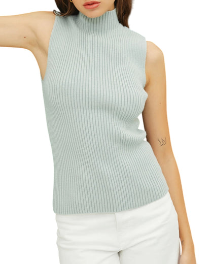 Seafoam ribbed sleeveless sweater worn by a model on a white background.