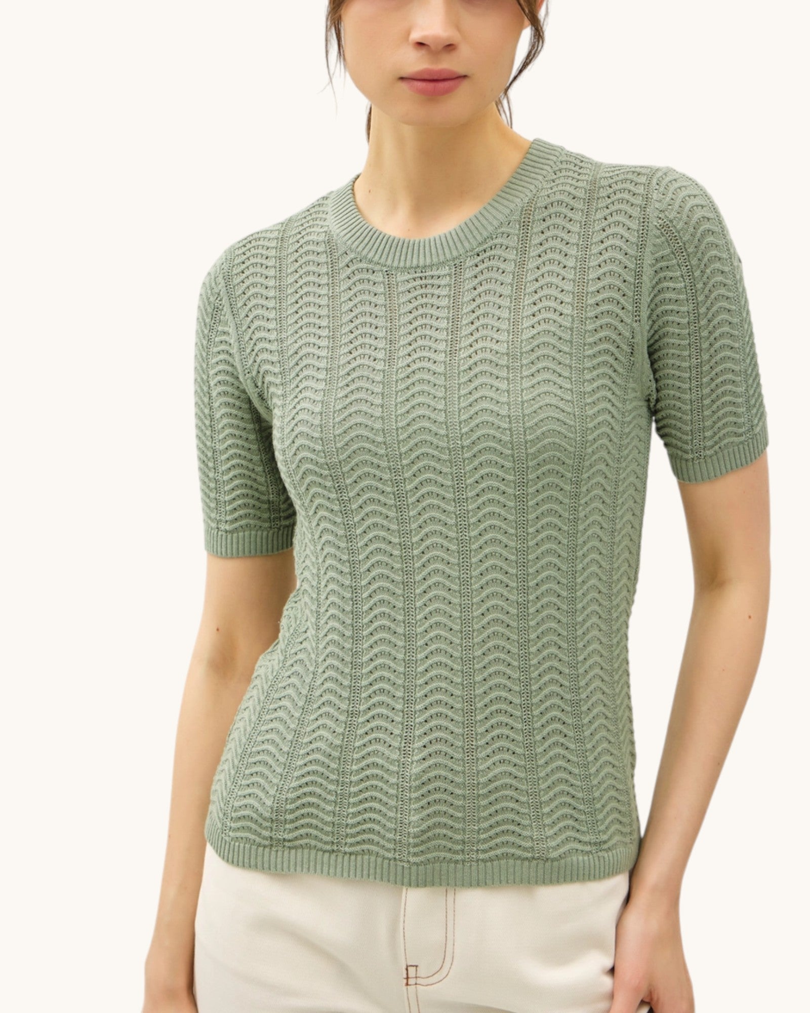 Woman wearing a green patterned chevron short sleeve sweater on a white background.