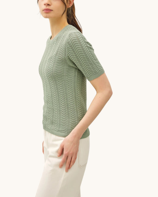 Side view of a woman wearing a green patterned chevron short sleeve sweater on a white background.