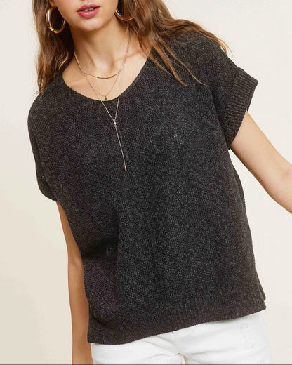 Charcoal Heather short-sleeve lightweight textured sweater with wide V-neck and side slits.