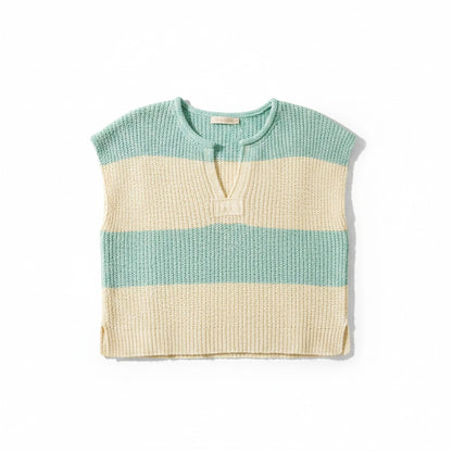 Knitted short sleeve top with two-tone design on a white background.