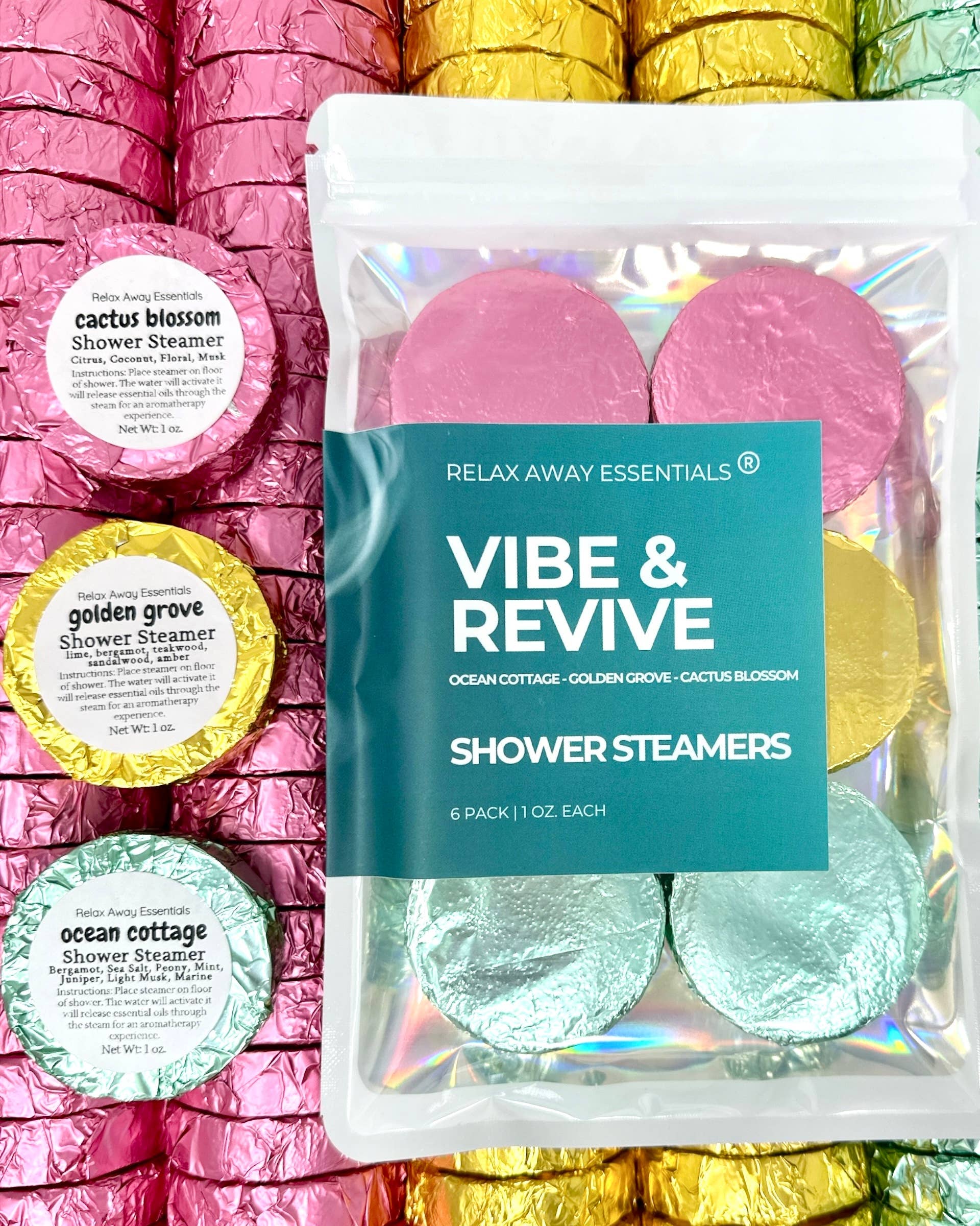 Pack of shower steamers with colorful packaging on a multicolored background.