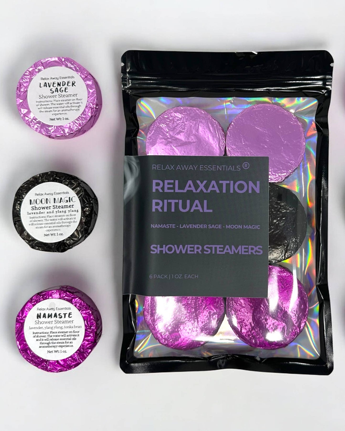 Pack of Relaxation Ritual shower steamers with purple and black packaging on a white background.