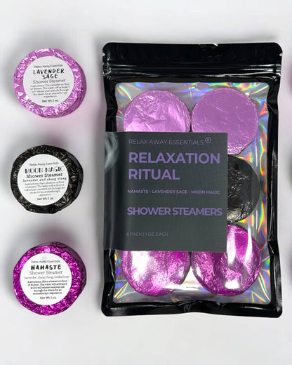 Pack of Relaxation Ritual shower steamers with purple and black packaging on a white background.
