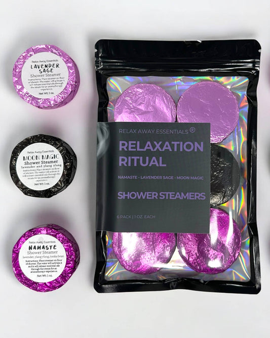 Pack of Relaxation Ritual shower steamers with purple and black packaging on a white background.
