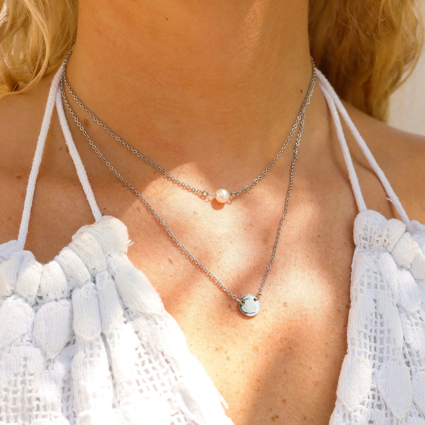 Silver Stainless Pearl and Disc Layered Necklace (Waterproof)