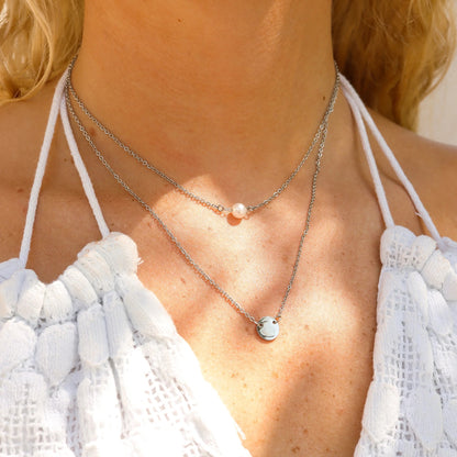 Silver Stainless Pearl and Disc Layered Necklace (Waterproof)